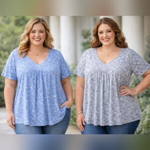 Womens XL Bundle Floral V-Neck Blouse Blue Gray Flowy Stretch Tops Basics